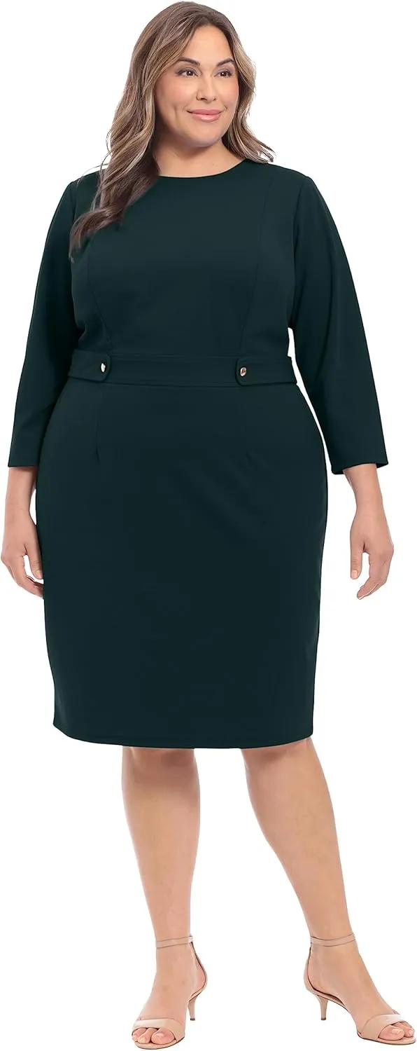 London Times Women's Work Office Business Sheath Dress with Button Waist Detail