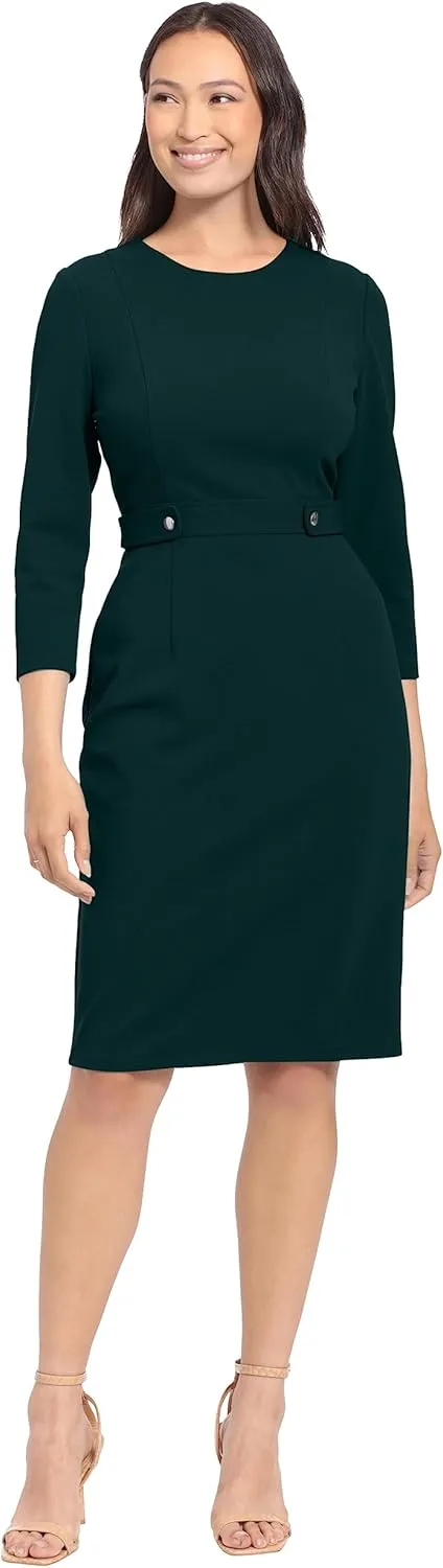 London Times Women's Work Office Business Sheath Dress with Button Waist Detail