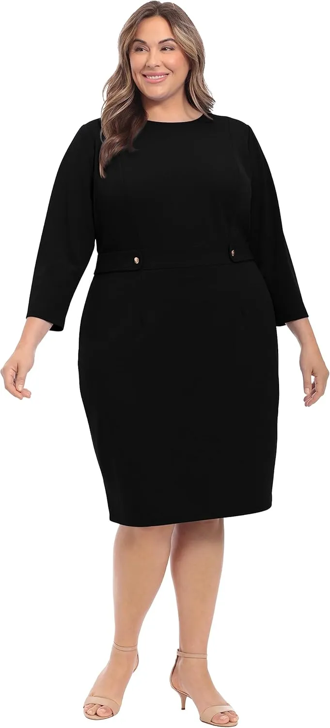 London Times Women's Work Office Business Sheath Dress with Button Waist Detail