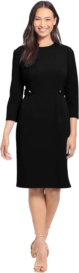 London Times Women's Work Office Business Sheath Dress with Button Waist Detail