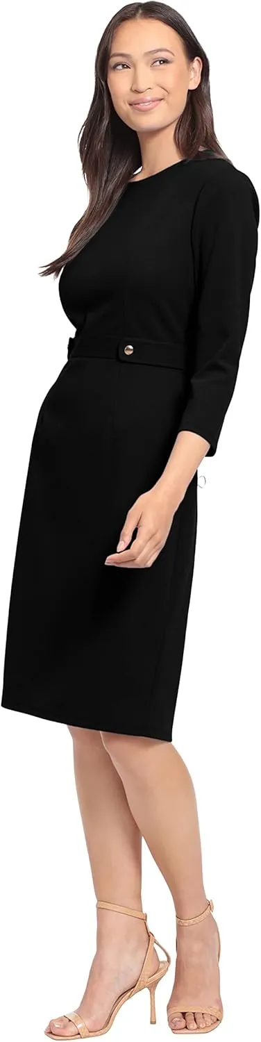 London Times Women's Work Office Business Sheath Dress with Button Waist Detail