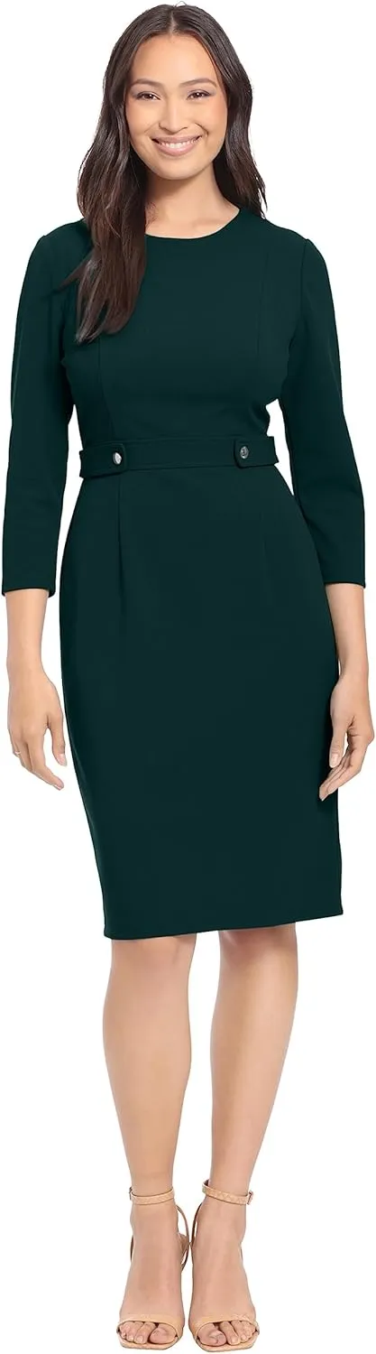 London Times Women's Work Office Business Sheath Dress with Button Waist Detail