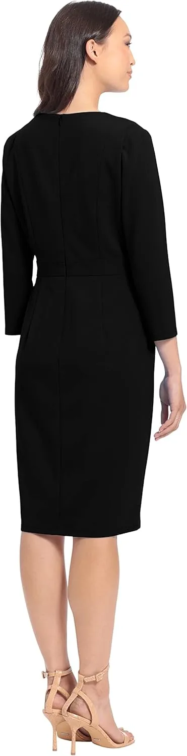 London Times Women's Work Office Business Sheath Dress with Button Waist Detail