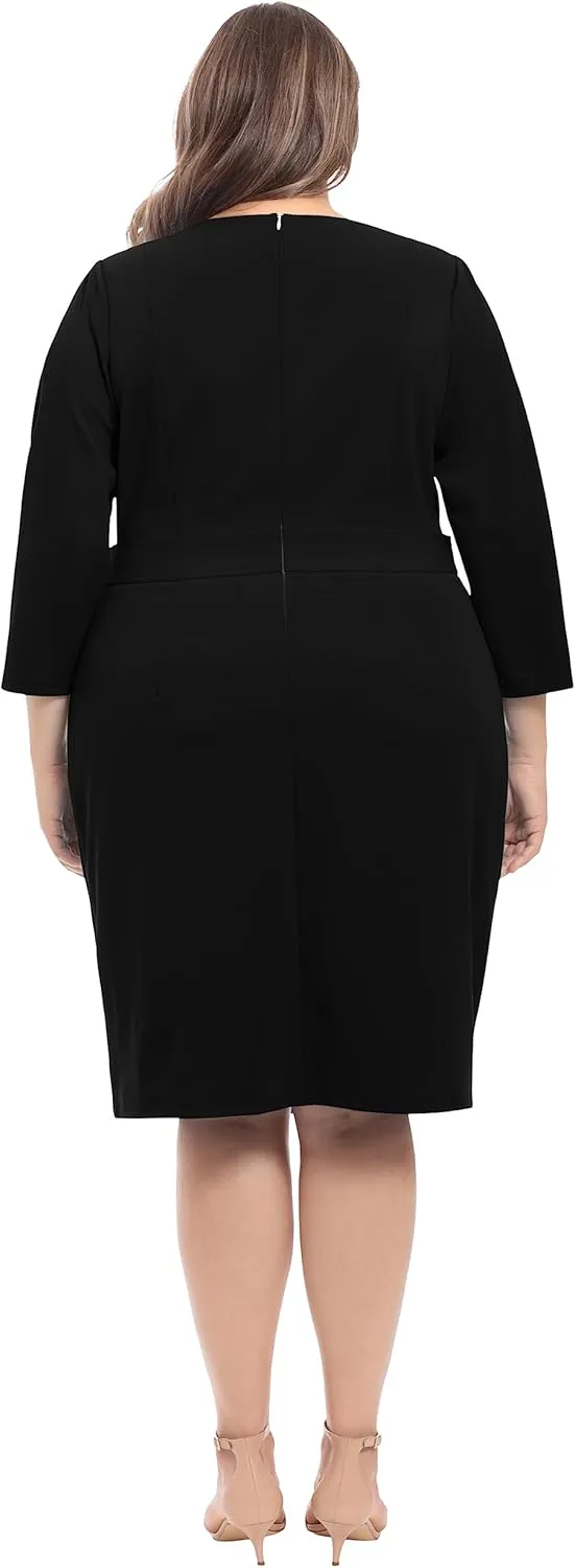 London Times Women's Work Office Business Sheath Dress with Button Waist Detail