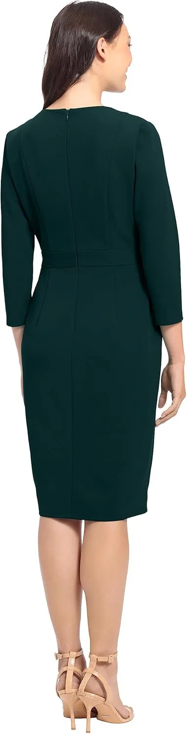London Times Women's Work Office Business Sheath Dress with Button Waist Detail
