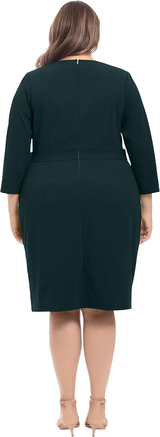 London Times Women's Work Office Business Sheath Dress with Button Waist Detail