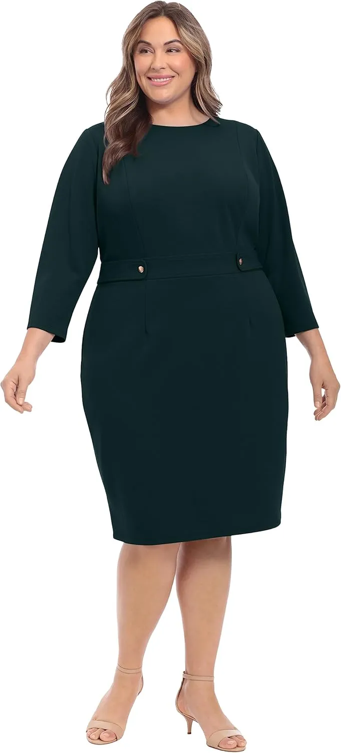 London Times Women's Work Office Business Sheath Dress with Button Waist Detail