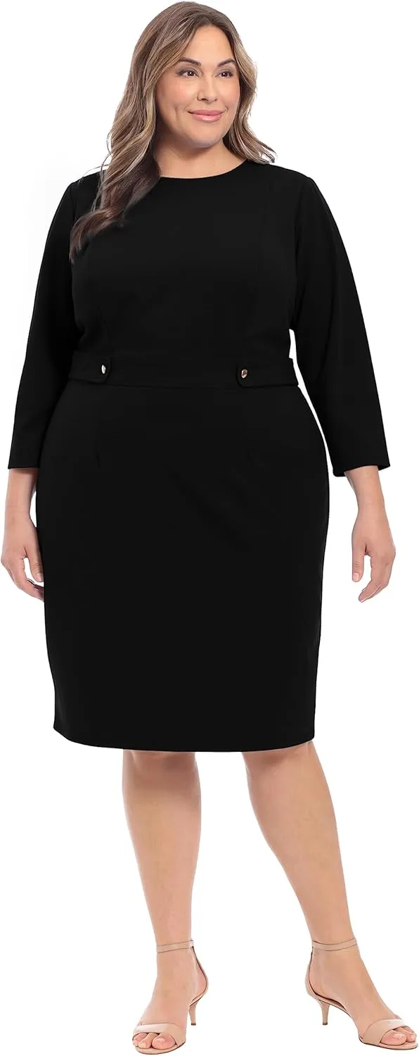 London Times Women's Work Office Business Sheath Dress with Button Waist Detail