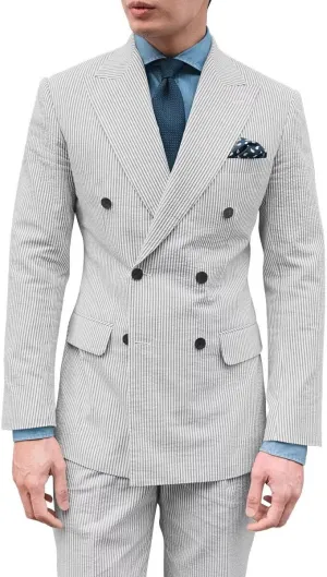 Men's Seersucker Suit 2 Piece Double Breasted Suits for Men Slim Fit Beach Wedding Striped Summer Casual Suit