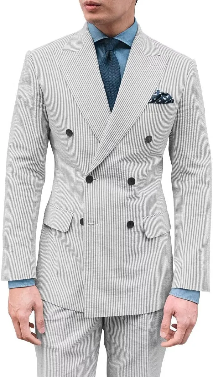 Men's Seersucker Suit 2 Piece Double Breasted Suits for Men Slim Fit Beach Wedding Striped Summer Casual Suit