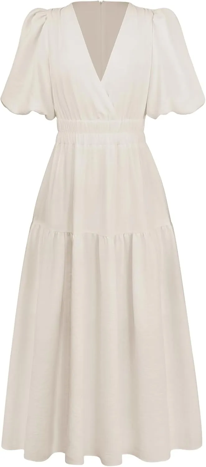 MessBebe Maxi Dress Puffy Sleeve V Neck High Waist A-Line Flowy Wrap Sun Wedding Guest Long Dresses for Women