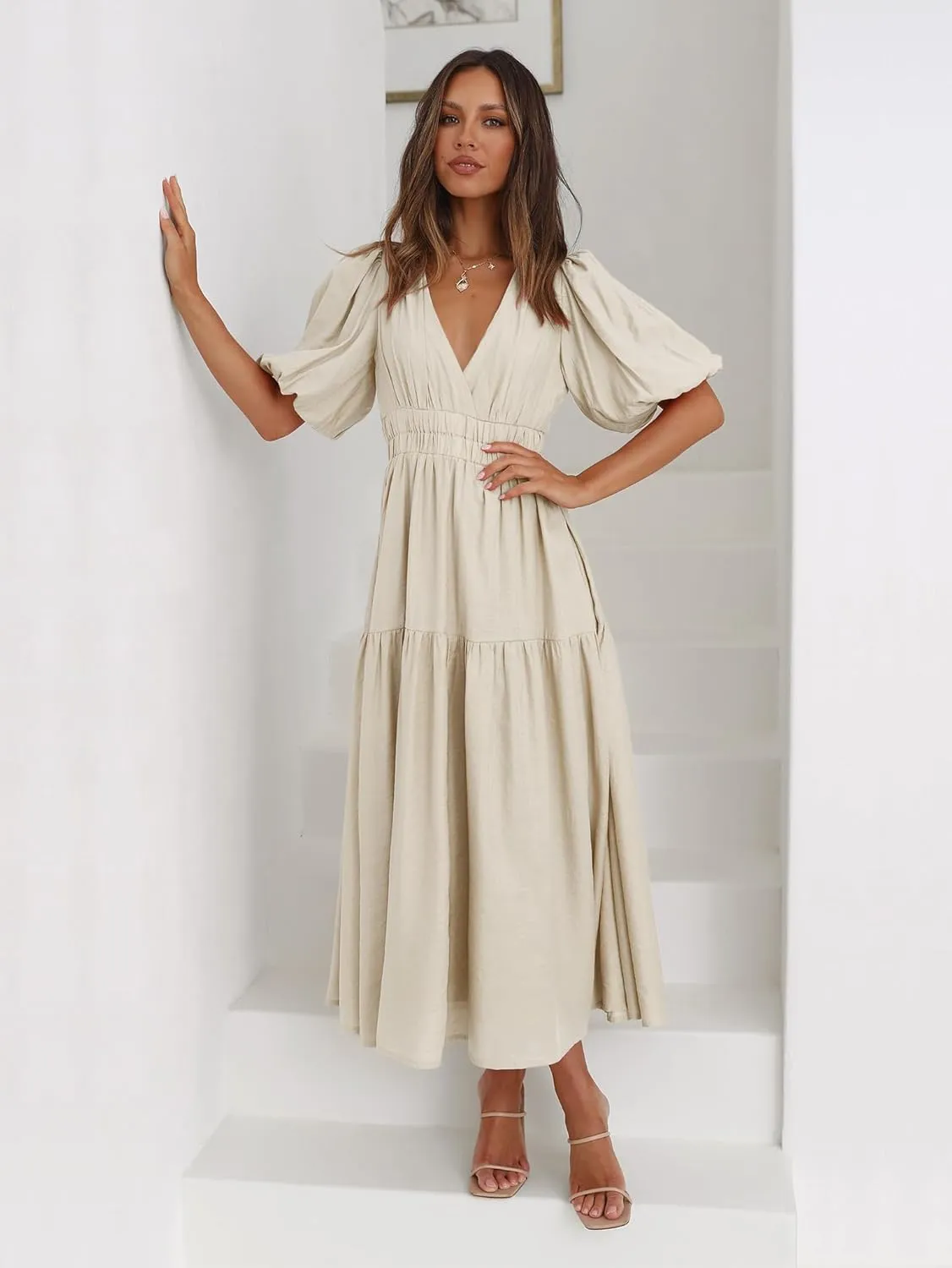 MessBebe Maxi Dress Puffy Sleeve V Neck High Waist A-Line Flowy Wrap Sun Wedding Guest Long Dresses for Women