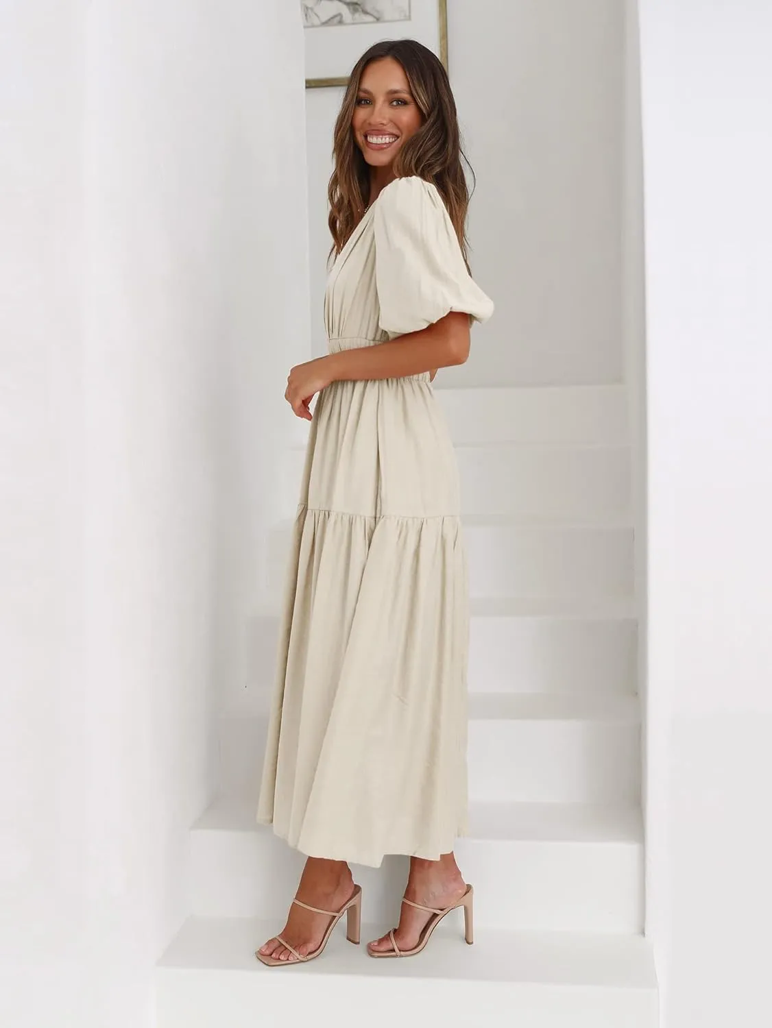 MessBebe Maxi Dress Puffy Sleeve V Neck High Waist A-Line Flowy Wrap Sun Wedding Guest Long Dresses for Women