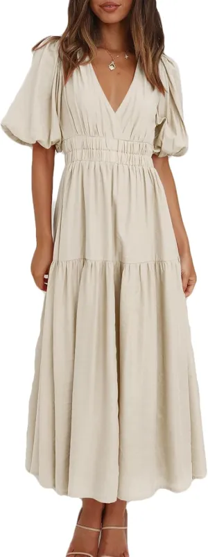 MessBebe Maxi Dress Puffy Sleeve V Neck High Waist A-Line Flowy Wrap Sun Wedding Guest Long Dresses for Women