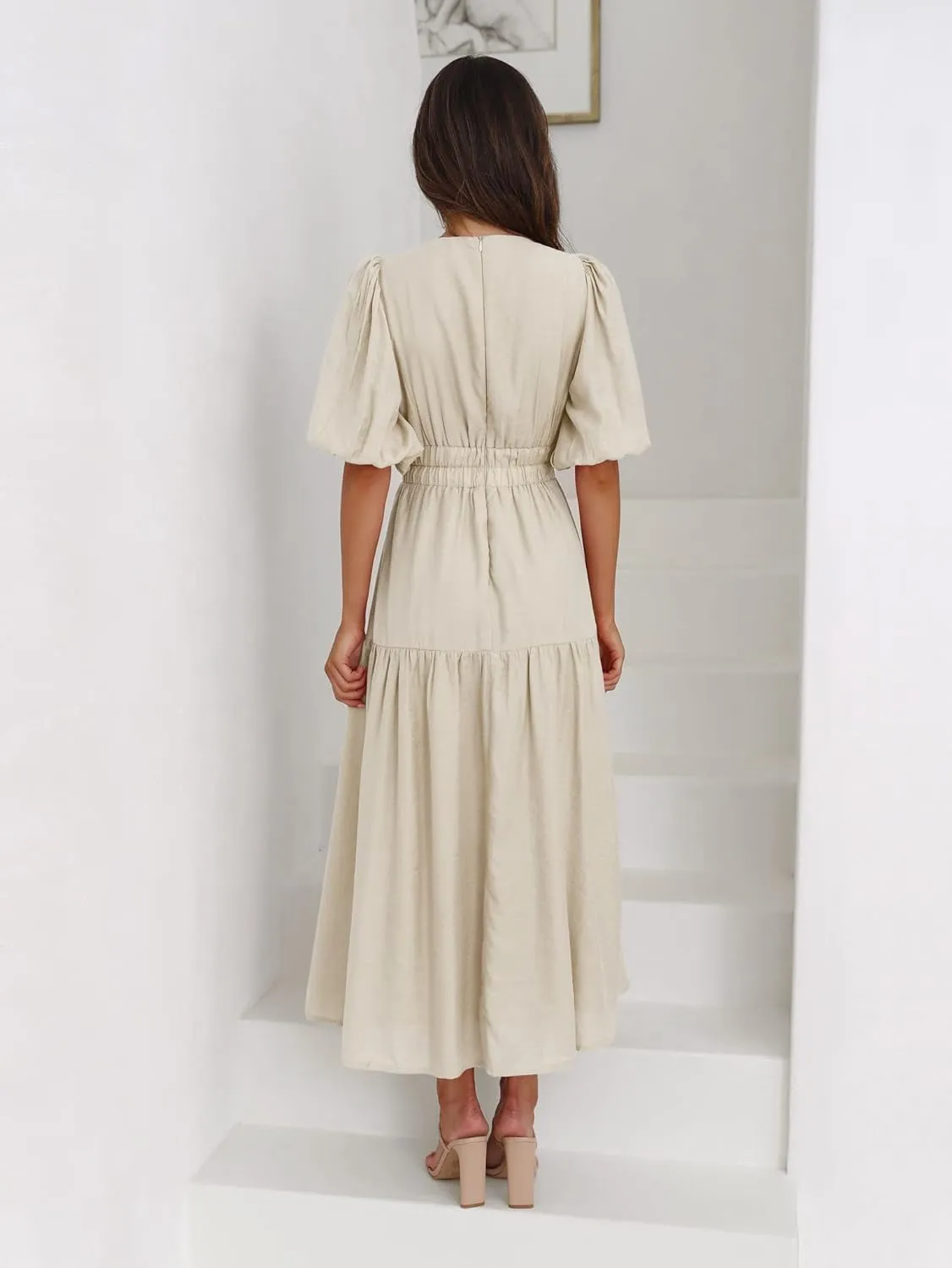 MessBebe Maxi Dress Puffy Sleeve V Neck High Waist A-Line Flowy Wrap Sun Wedding Guest Long Dresses for Women