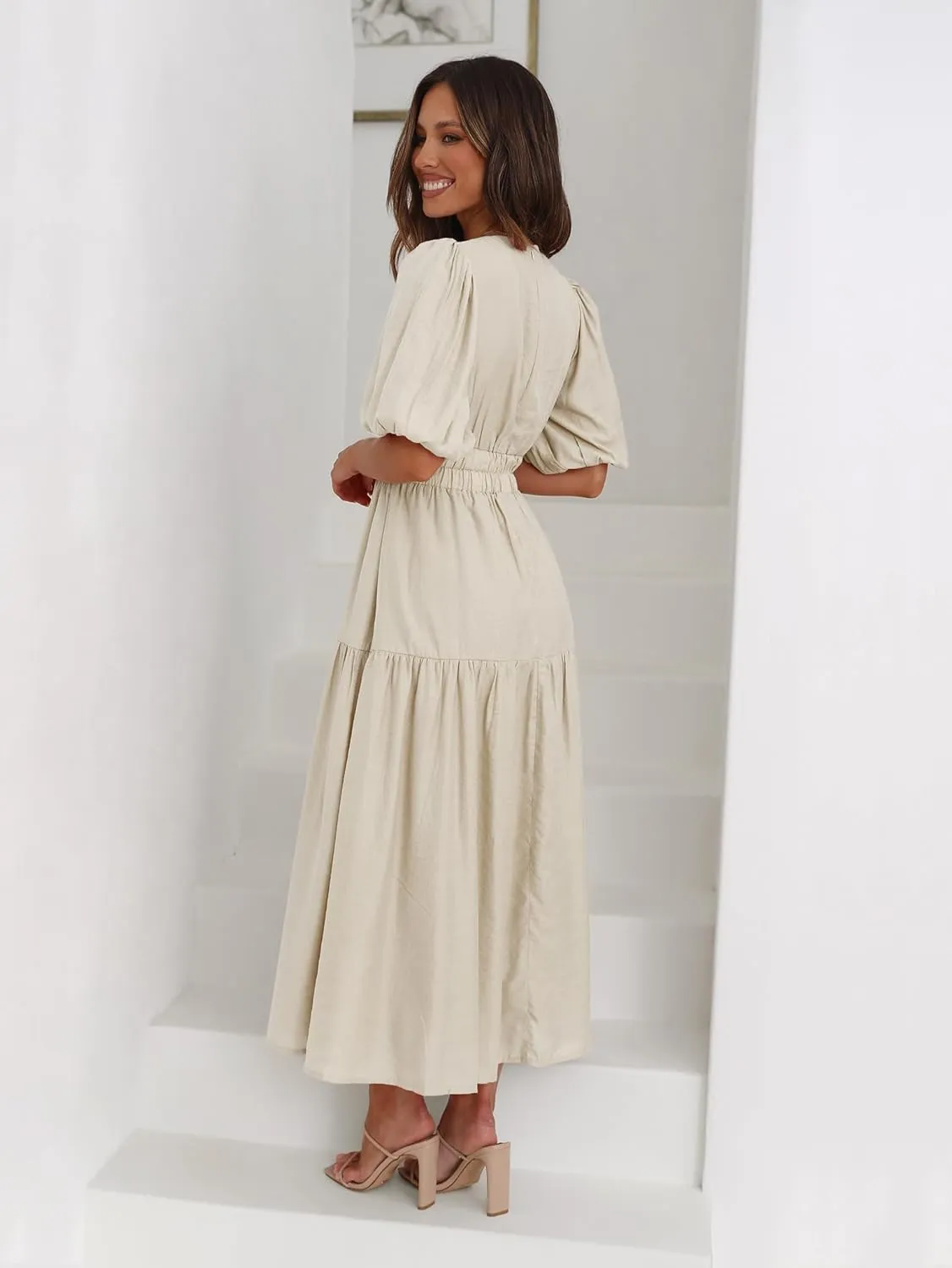 MessBebe Maxi Dress Puffy Sleeve V Neck High Waist A-Line Flowy Wrap Sun Wedding Guest Long Dresses for Women