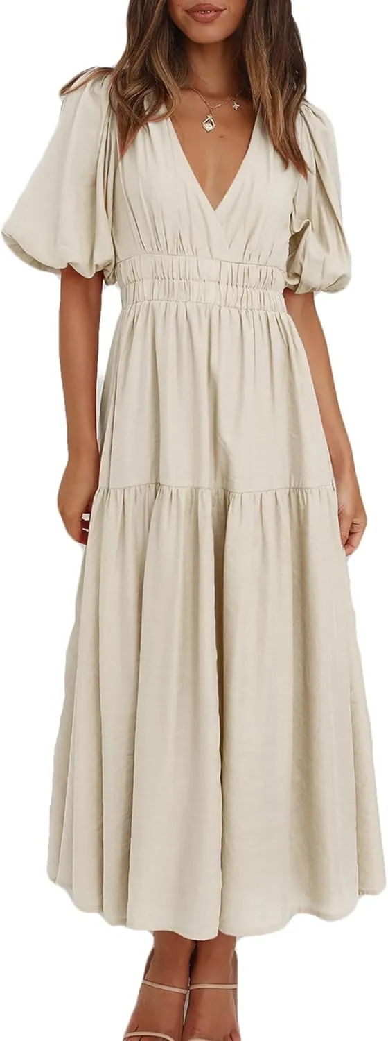 MessBebe Maxi Dress Puffy Sleeve V Neck High Waist A-Line Flowy Wrap Sun Wedding Guest Long Dresses for Women
