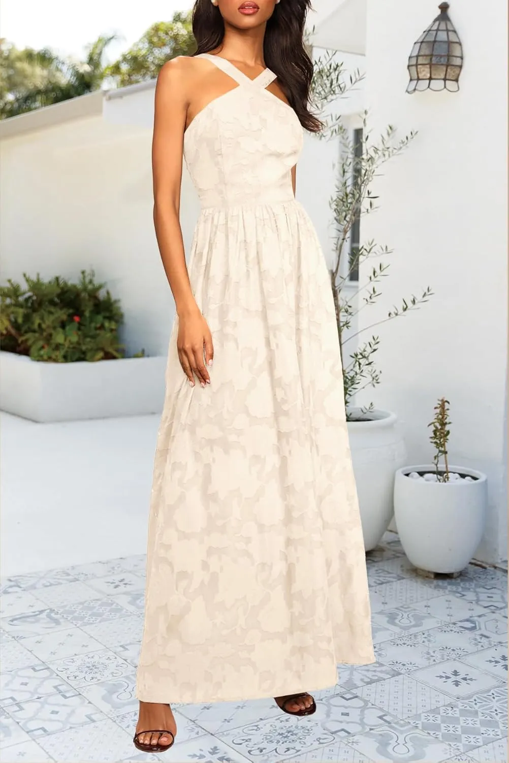 MITILLY Women's Summer Dresses 2025 Boho Halter Neck Sleeveless Smocked Floral Backless A Line Flowy Maxi Dress with Pockets