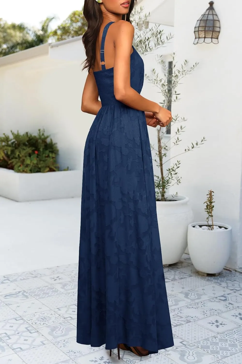 MITILLY Women's Summer Dresses 2025 Boho Halter Neck Sleeveless Smocked Floral Backless A Line Flowy Maxi Dress with Pockets