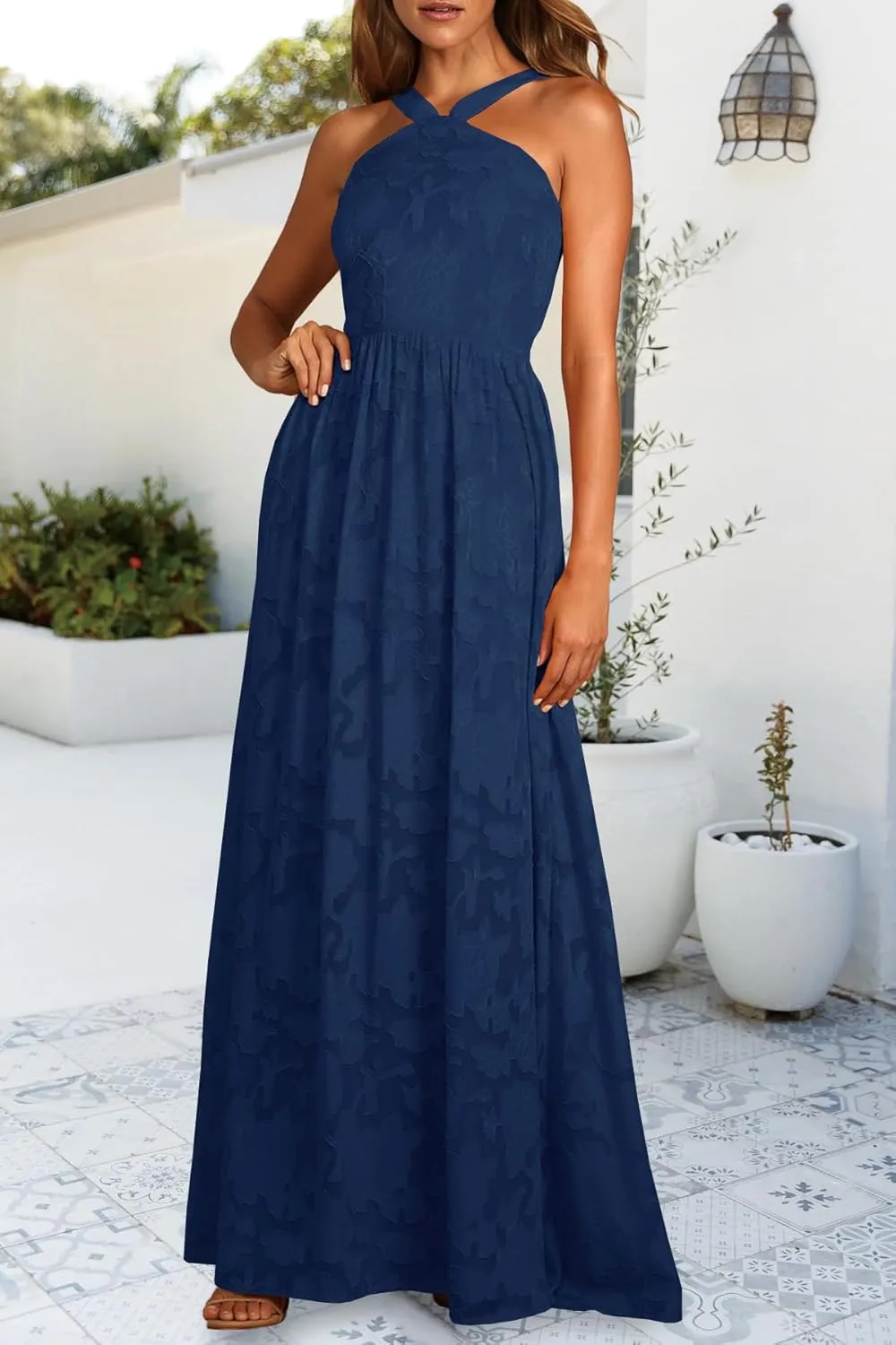 MITILLY Women's Summer Dresses 2025 Boho Halter Neck Sleeveless Smocked Floral Backless A Line Flowy Maxi Dress with Pockets