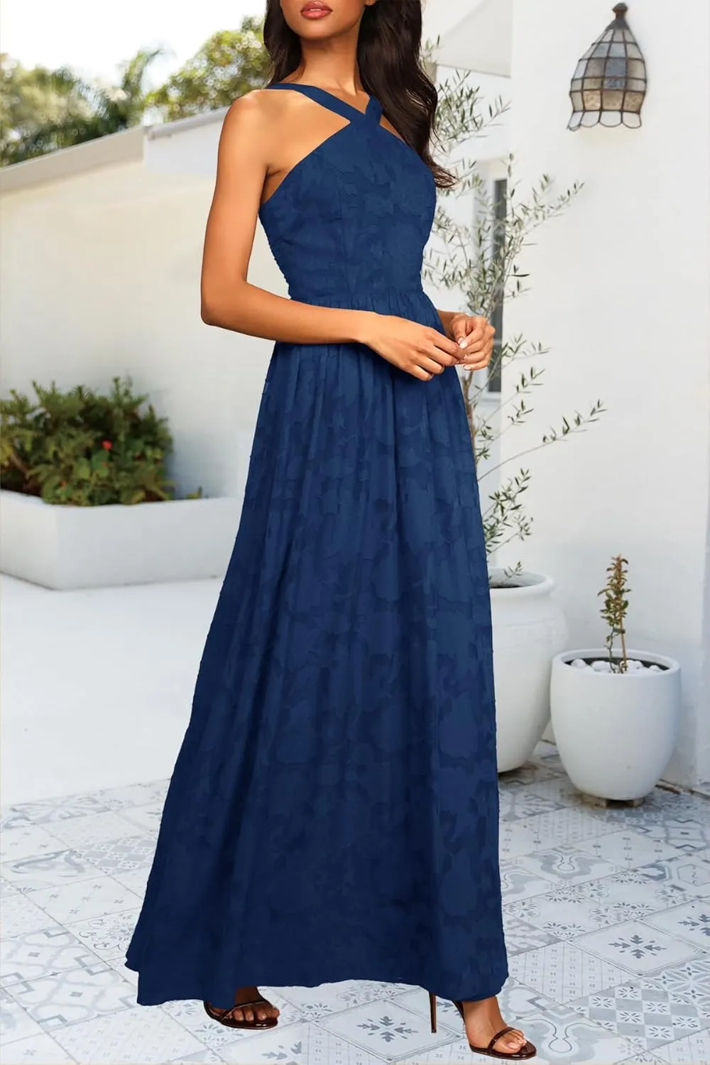 MITILLY Women's Summer Dresses 2025 Boho Halter Neck Sleeveless Smocked Floral Backless A Line Flowy Maxi Dress with Pockets