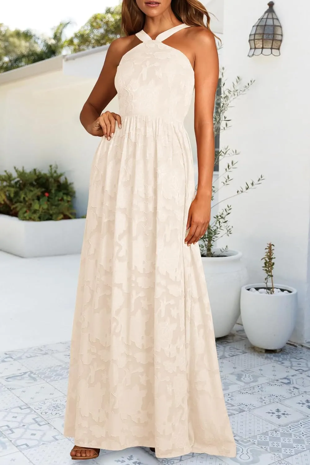 MITILLY Women's Summer Dresses 2025 Boho Halter Neck Sleeveless Smocked Floral Backless A Line Flowy Maxi Dress with Pockets