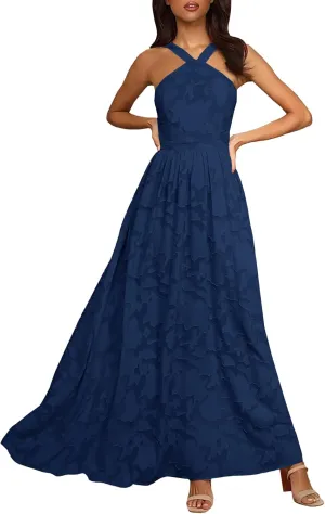 MITILLY Women's Summer Dresses 2025 Boho Halter Neck Sleeveless Smocked Floral Backless A Line Flowy Maxi Dress with Pockets