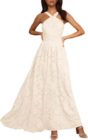 MITILLY Women's Summer Dresses 2025 Boho Halter Neck Sleeveless Smocked Floral Backless A Line Flowy Maxi Dress with Pockets
