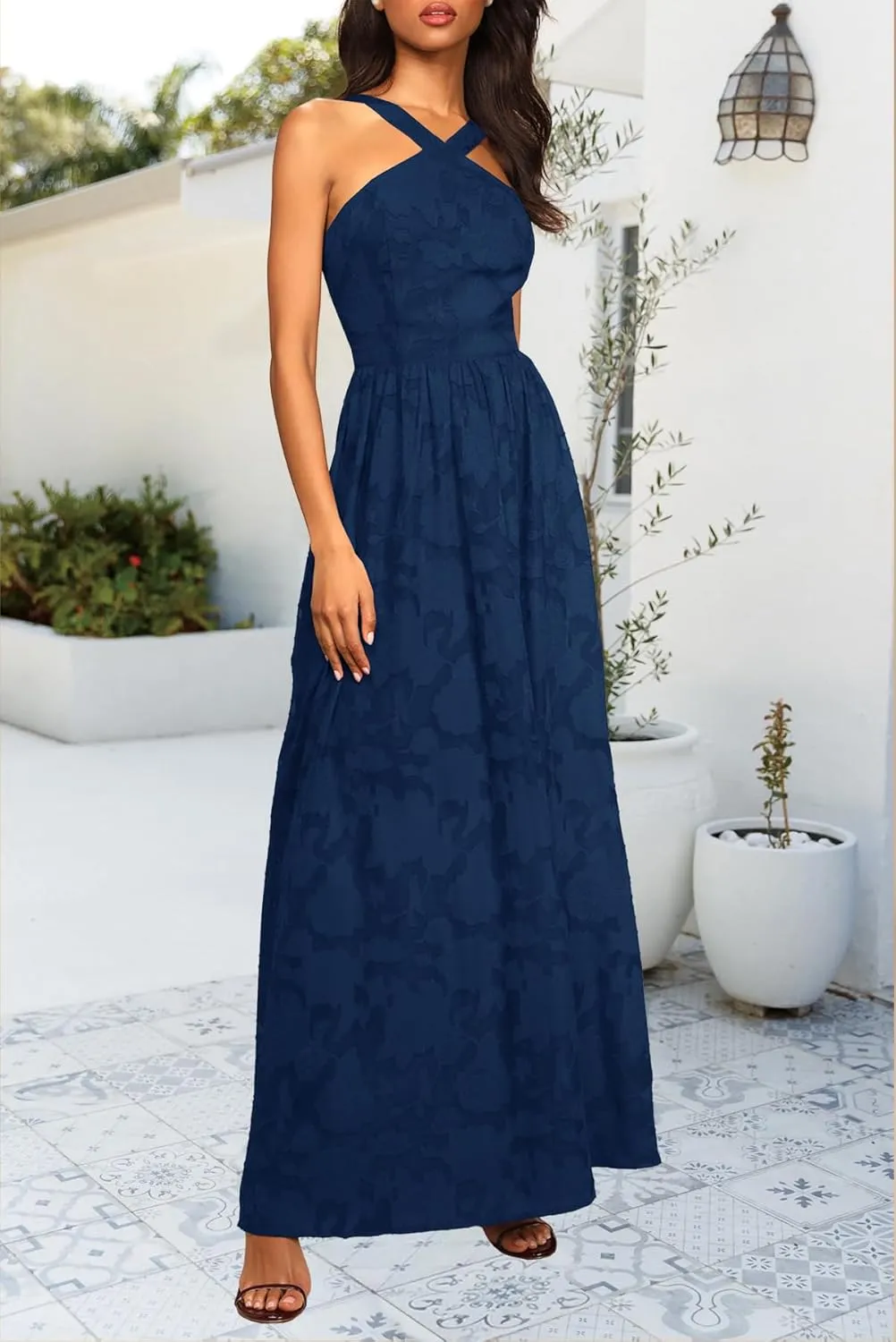 MITILLY Women's Summer Dresses 2025 Boho Halter Neck Sleeveless Smocked Floral Backless A Line Flowy Maxi Dress with Pockets