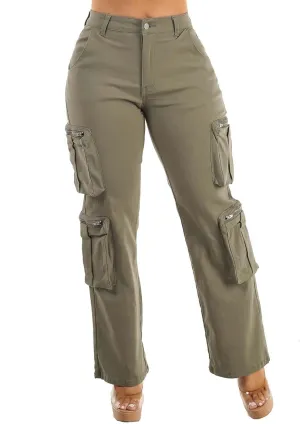 Moda Xpress Women's Casual High Waisted Stretchy Wide Leg Cargo Denim Jeans and Pants with Pockets for Women