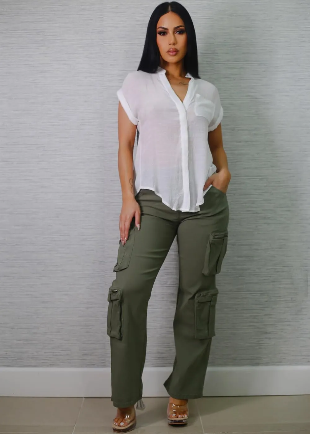 Moda Xpress Women's Casual High Waisted Stretchy Wide Leg Cargo Denim Jeans and Pants with Pockets for Women