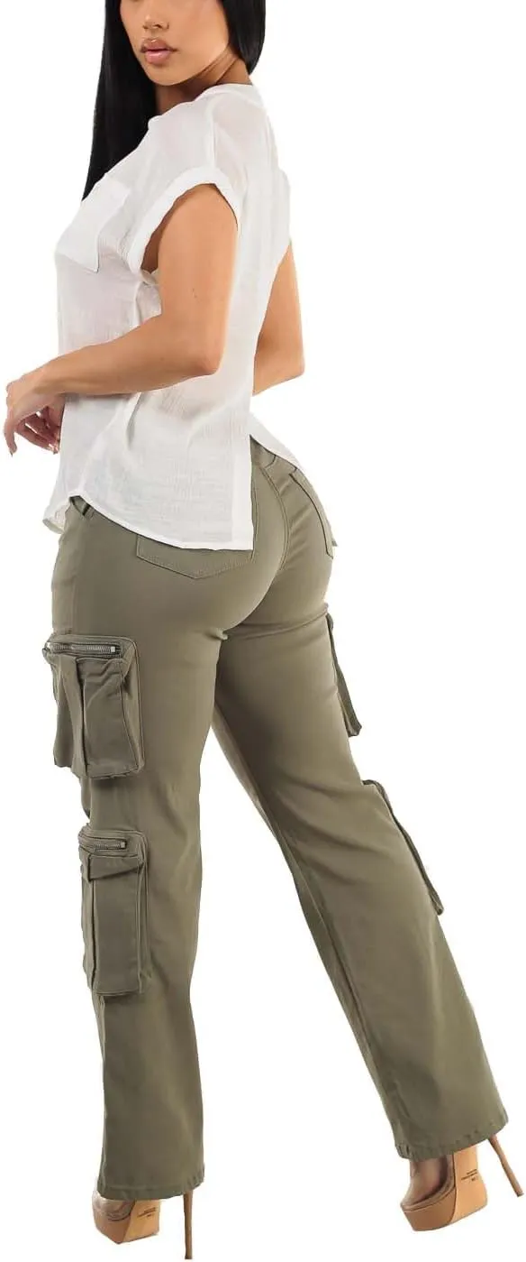 Moda Xpress Women's Casual High Waisted Stretchy Wide Leg Cargo Denim Jeans and Pants with Pockets for Women