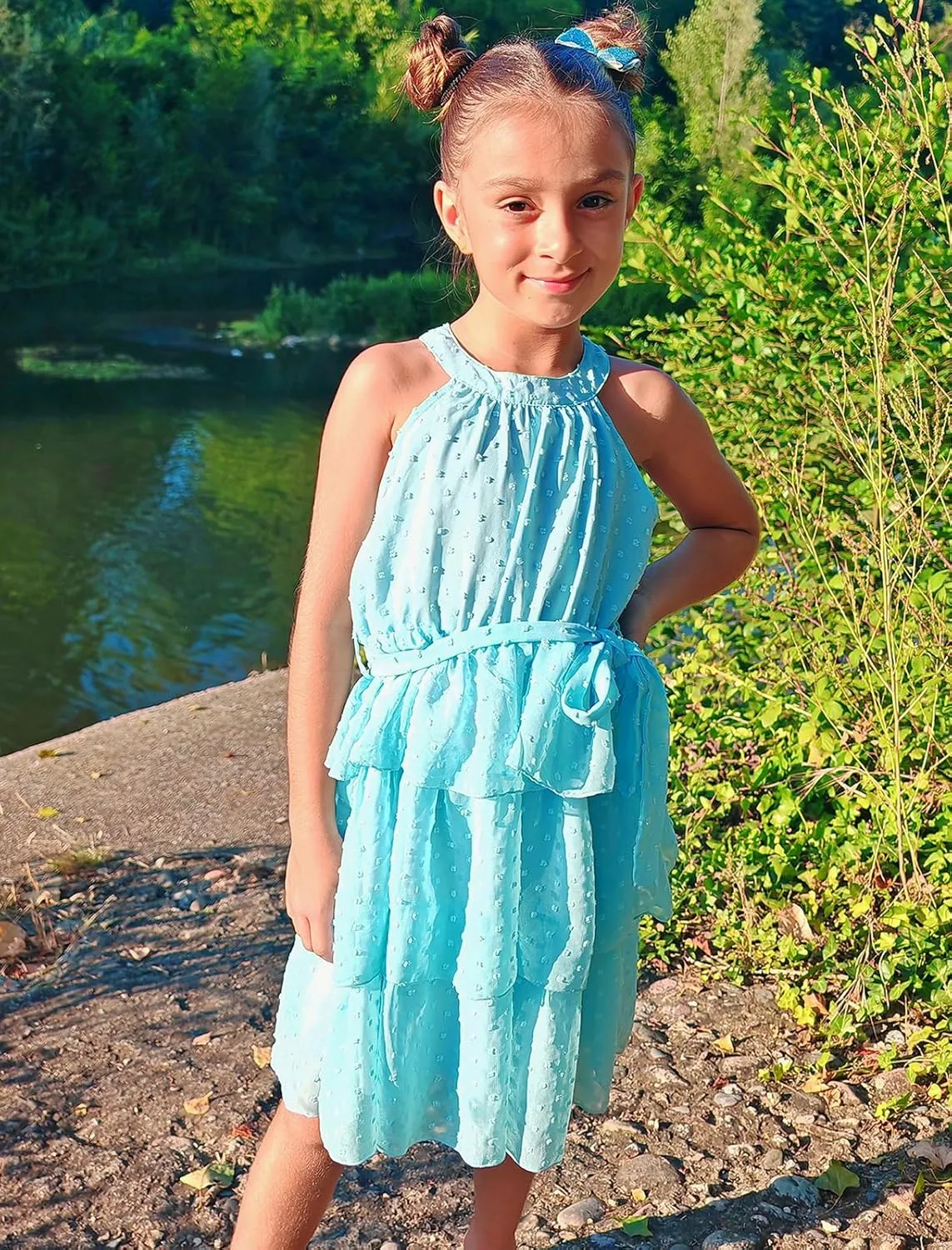 Move Dance Girls Halter Neck Dress Summer Flared A-Line Swiss Dot Chiffon Sundress 6-13 Years Old