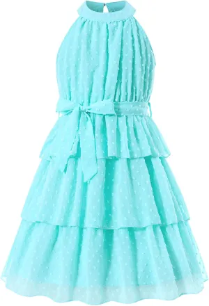 Move Dance Girls Halter Neck Dress Summer Flared A-Line Swiss Dot Chiffon Sundress 6-13 Years Old