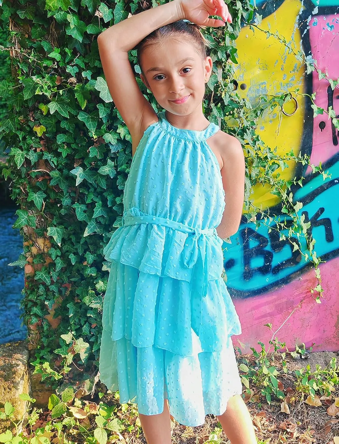 Move Dance Girls Halter Neck Dress Summer Flared A-Line Swiss Dot Chiffon Sundress 6-13 Years Old