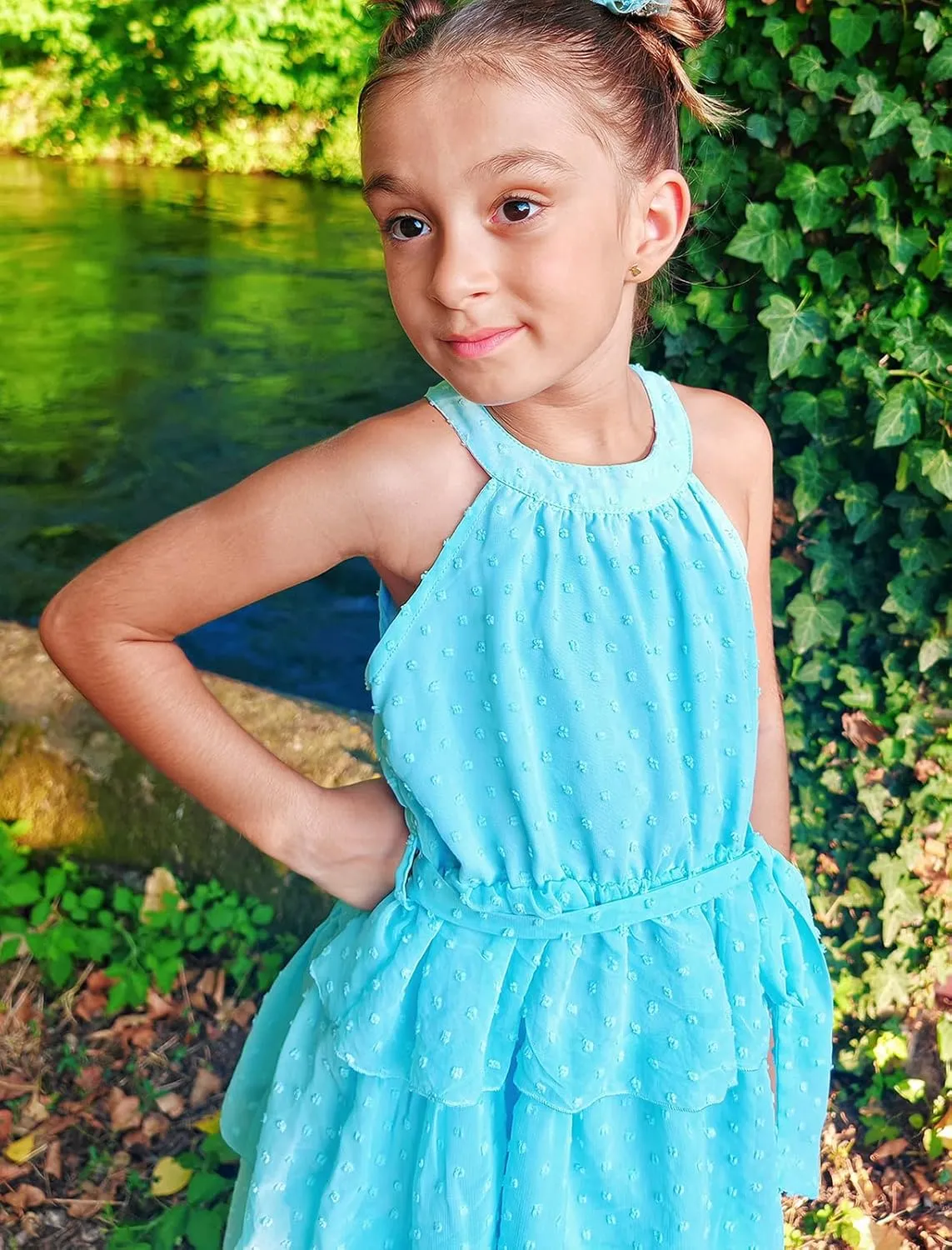 Move Dance Girls Halter Neck Dress Summer Flared A-Line Swiss Dot Chiffon Sundress 6-13 Years Old