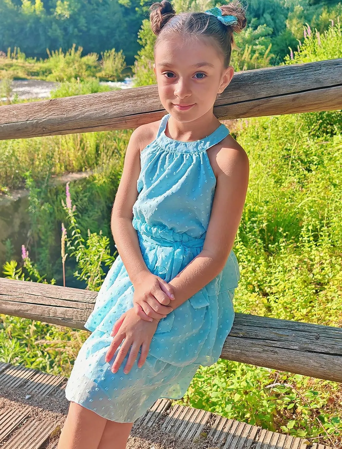 Move Dance Girls Halter Neck Dress Summer Flared A-Line Swiss Dot Chiffon Sundress 6-13 Years Old