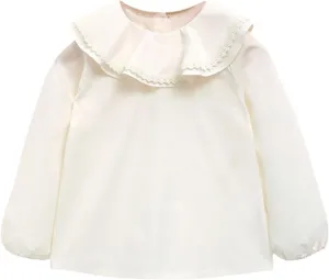 Ozkiz 'Heidi' Cotton Ruffle Neck Long Sleeve Blouse for Girls Toddler Little Kids_White, US Size 5T