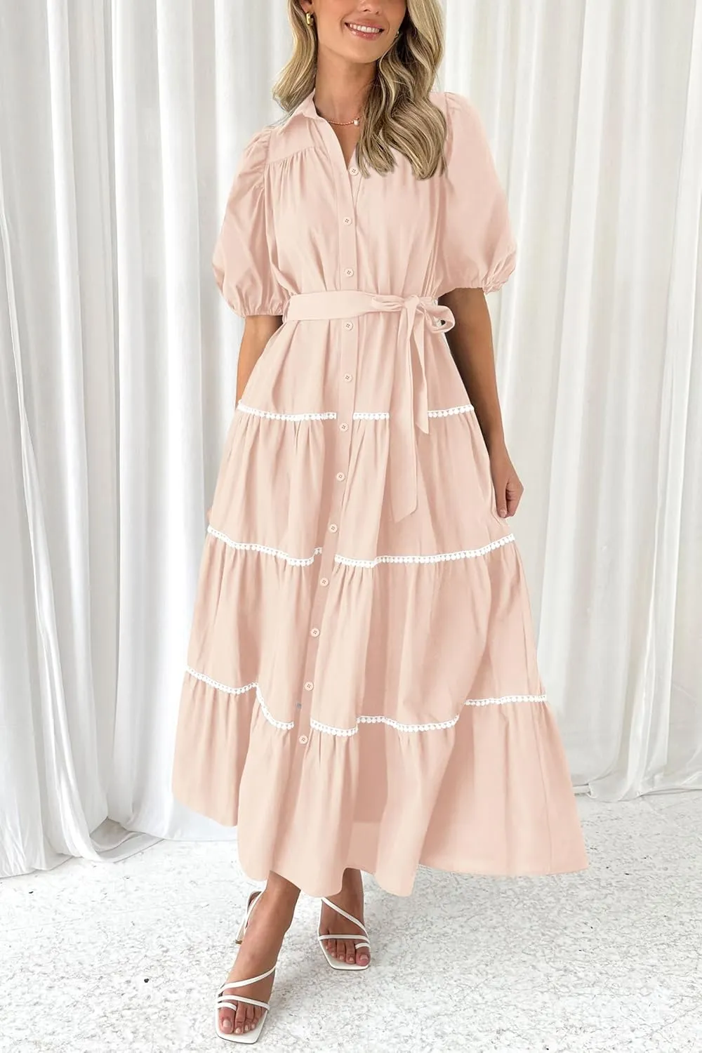 PRETTYGARDEN Women's Summer Button Down Shirt Dress Short Puffy Sleeve Tiered Ruffle Flowy Long Maxi Dresses