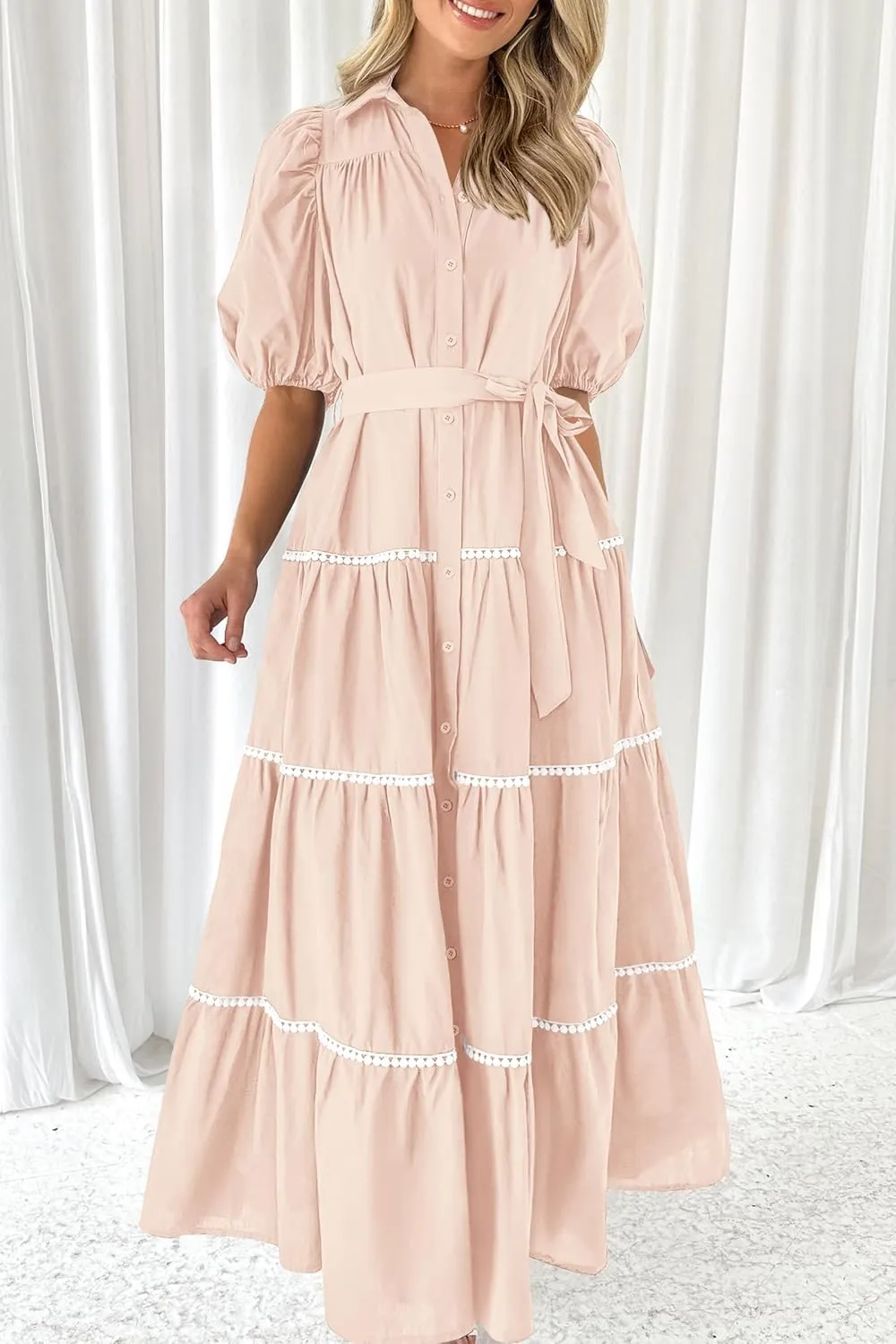 PRETTYGARDEN Women's Summer Button Down Shirt Dress Short Puffy Sleeve Tiered Ruffle Flowy Long Maxi Dresses