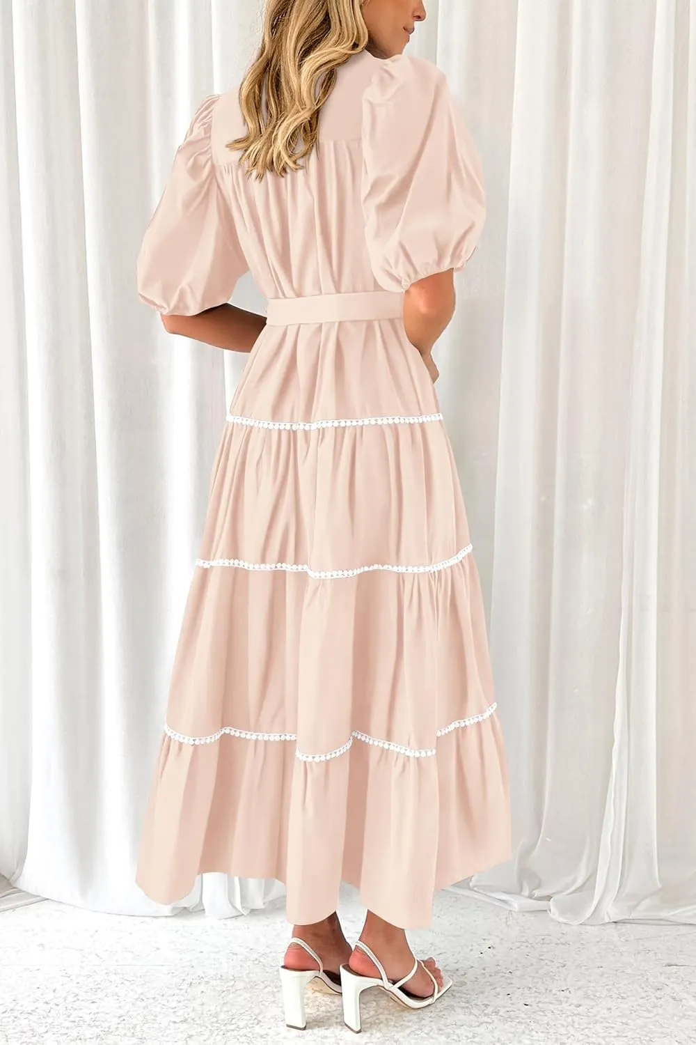 PRETTYGARDEN Women's Summer Button Down Shirt Dress Short Puffy Sleeve Tiered Ruffle Flowy Long Maxi Dresses
