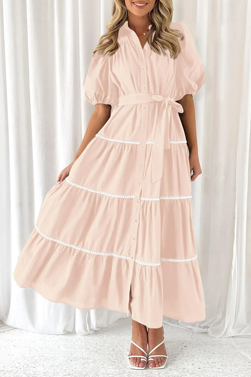 PRETTYGARDEN Women's Summer Button Down Shirt Dress Short Puffy Sleeve Tiered Ruffle Flowy Long Maxi Dresses