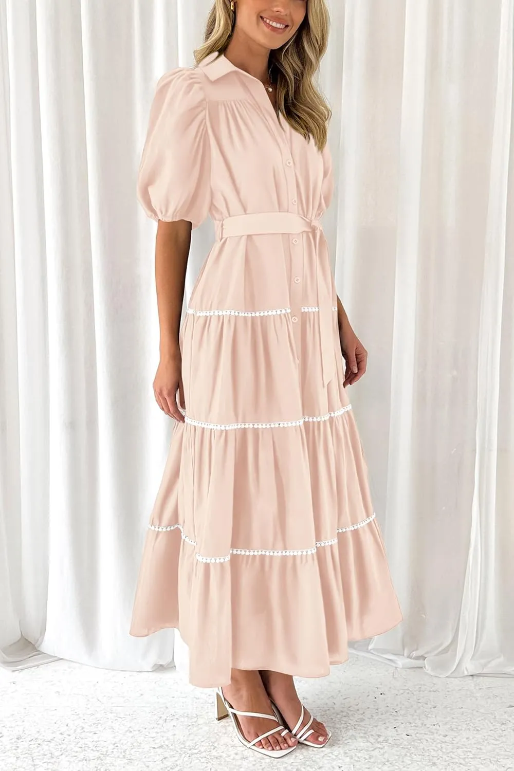 PRETTYGARDEN Women's Summer Button Down Shirt Dress Short Puffy Sleeve Tiered Ruffle Flowy Long Maxi Dresses