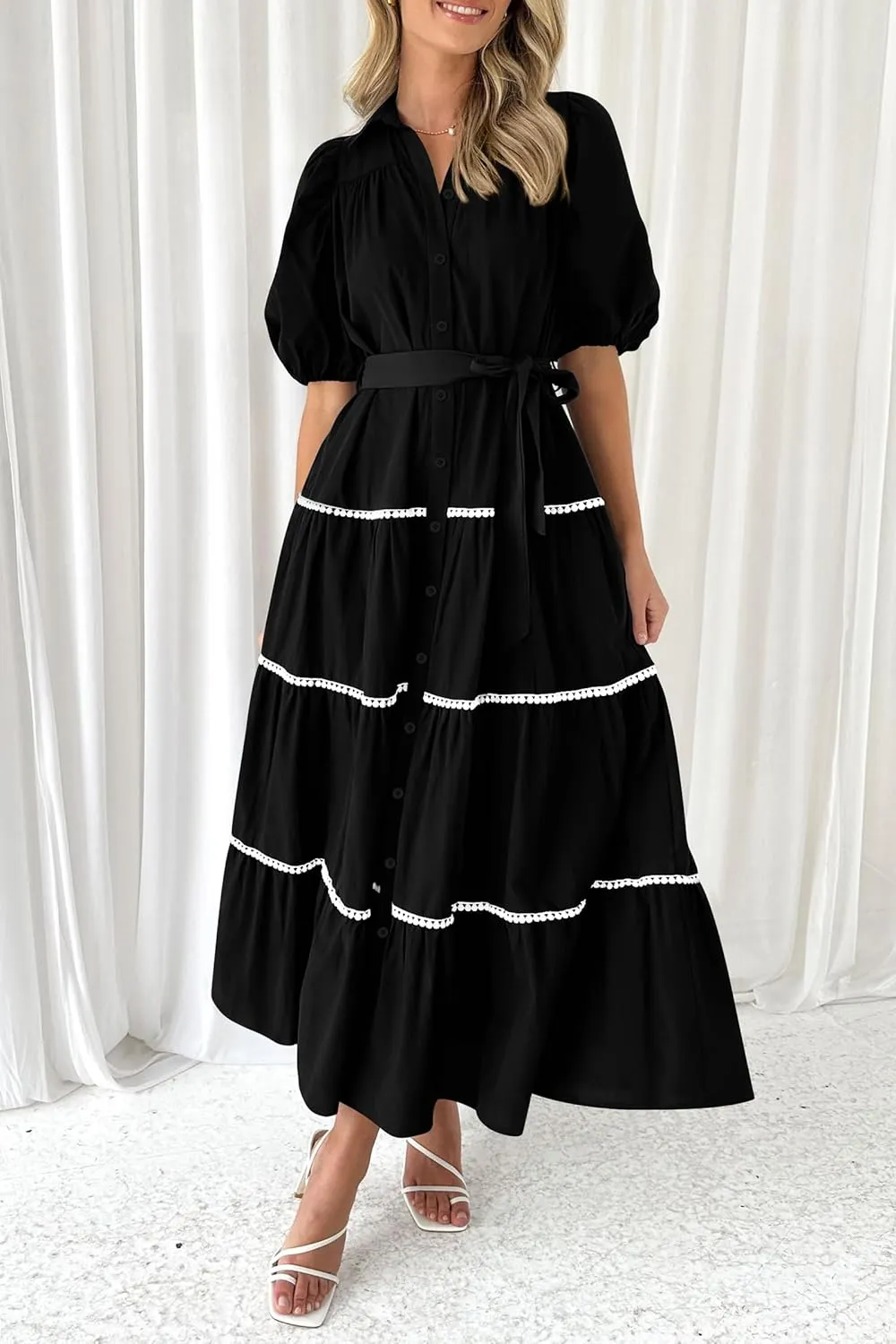 PRETTYGARDEN Women's Summer Button Down Shirt Dress Short Puffy Sleeve Tiered Ruffle Flowy Long Maxi Dresses
