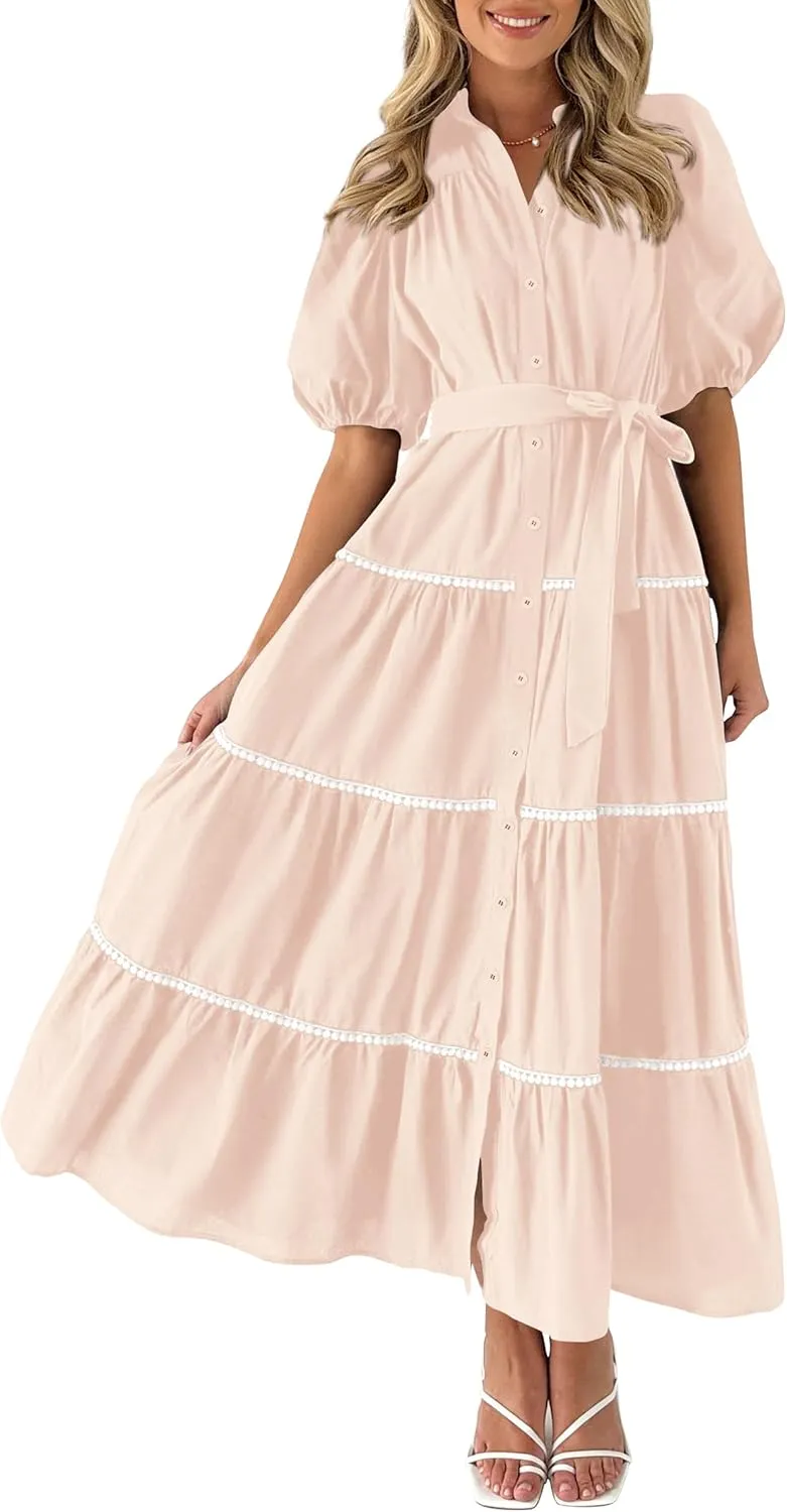 PRETTYGARDEN Women's Summer Button Down Shirt Dress Short Puffy Sleeve Tiered Ruffle Flowy Long Maxi Dresses