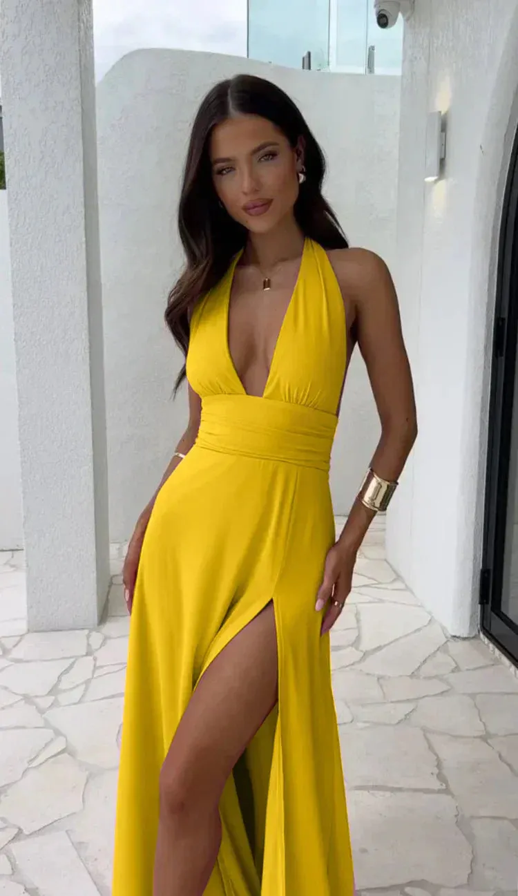 Rita - Deep V Neck Sexy Dress with Slit