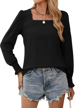 Sherosa Womens Puff Long Sleeve Square Neck Tops Ruffle Cuffs Dressy Casual Loose Fit Shirts Fall Fashion Blouses