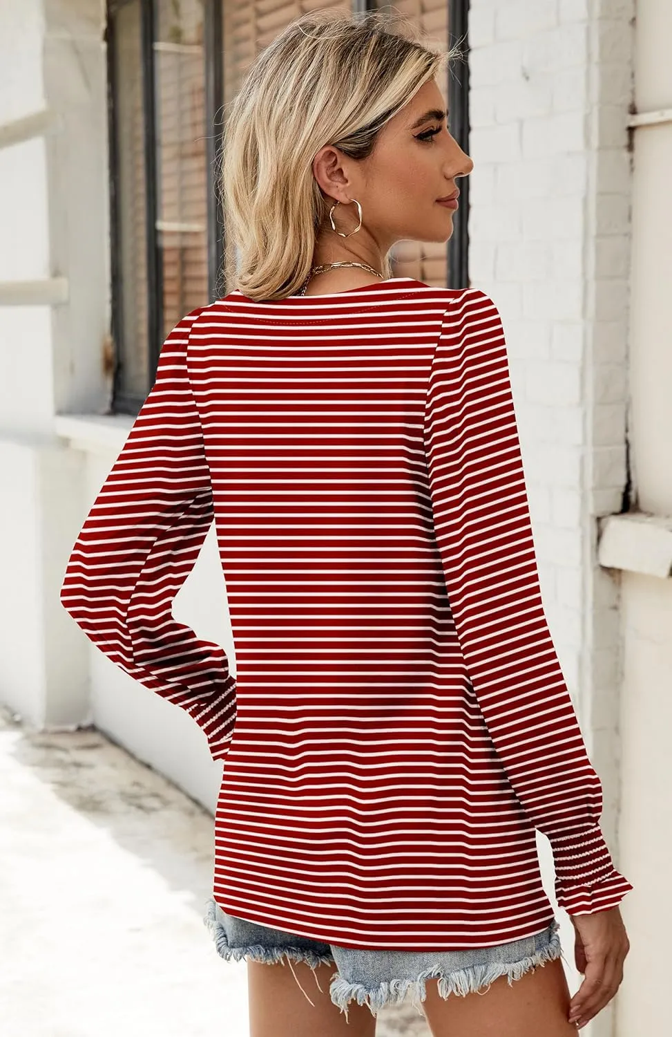 Sherosa Womens Puff Long Sleeve Square Neck Tops Ruffle Cuffs Dressy Casual Loose Fit Shirts Fall Fashion Blouses