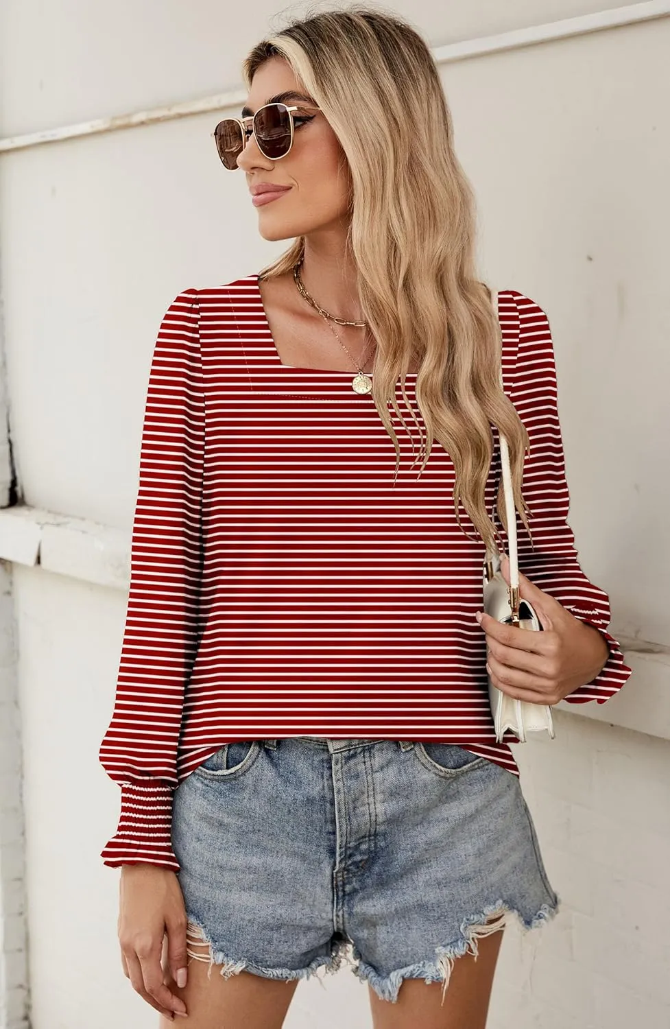 Sherosa Womens Puff Long Sleeve Square Neck Tops Ruffle Cuffs Dressy Casual Loose Fit Shirts Fall Fashion Blouses