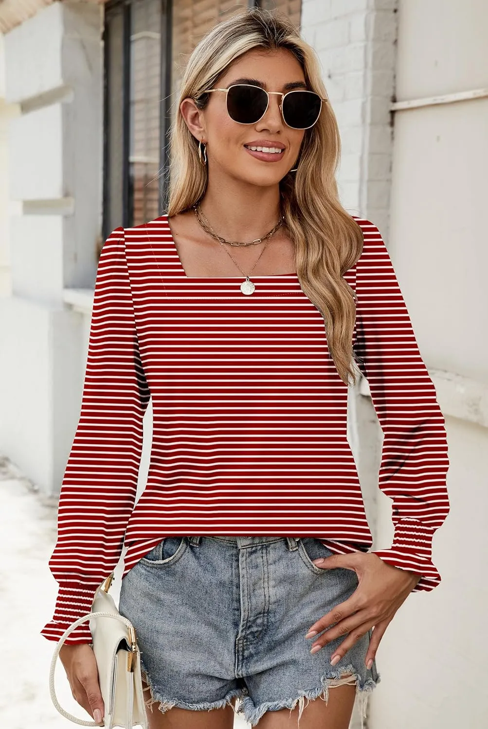 Sherosa Womens Puff Long Sleeve Square Neck Tops Ruffle Cuffs Dressy Casual Loose Fit Shirts Fall Fashion Blouses